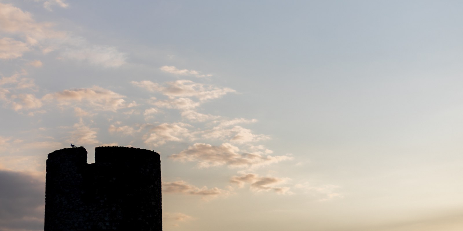 Stone tower silhouette at sunset with a seagull